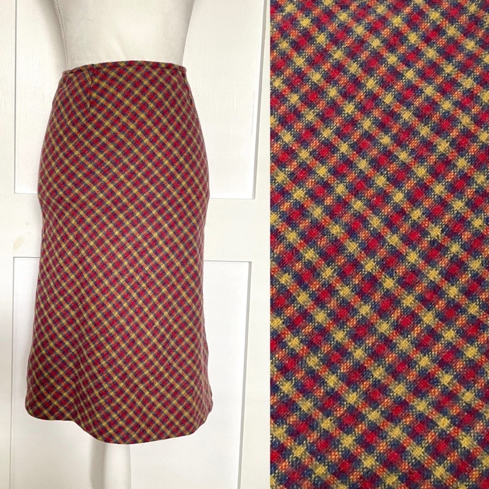 Primary Colors Plaid High Waist A-Line Wool Blend Skirt, Red Yellow Blue, XS